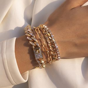 4pcs/set Luxury Bling Diamond Link Bracelet Set Tennis Cuban Bangle Bracelets for Women and Men Adjustable Clear Crystal Chunky Charms Wristband Hand Jewelry Gifts