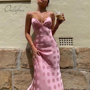 VÄRDE 2021 Summer Women Satin Slip Dress Sexig Spaghetti Strap Pink Polka Dot Party Dress 210319