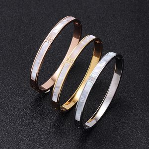 18K Rose Gold Stainless Steel Bangle INS Style White Shell Mother or Pearl Cuff Bangles Bracelet for Women Jewelry Gift