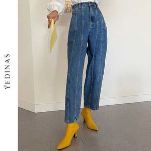 Yedinas Harem Pants Korean stil hög midja jeans kvinna blå kvinnlig pojkvän för kvinnor hösten våren streetwear 210527