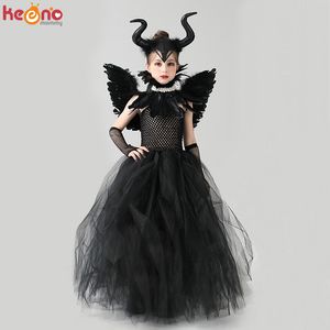 Special Occasions Disguise Girls Deluxe Black Devil Gown Halloween Costume Gothic Dark Evil Witch Queen Tutu Dress with Feather Cape Shawl 220826