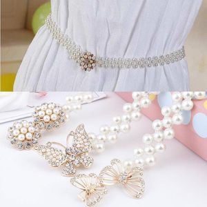 Bälten kvinnors diamant och pärla midja kedja modeklänning dekorativt elastiskt bälte för kvinnor söta blommor tätningar