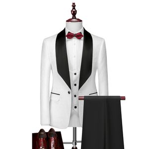 White Dobby Wedding Tuxedos Formella män passar Slim Fit Black Collar Mens Suits skräddarsydda brudgummen Blazer för bröllop prom jacka västbyxor