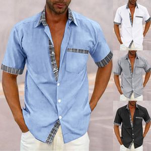 Camicie casual da uomo Marca Estate Moda maschile Cotone Lino Fibbia Tasca Cucitura scozzese Camicia a maniche corte Giacca da uomo Top termiciUomo