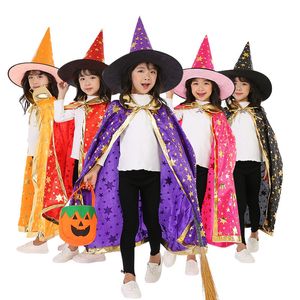 キッズハロウィーンコスチューム魔女ウィザードマントマント帽子セットアニメコスプレパーティースターパターンガールズマジシャン衣装7colors