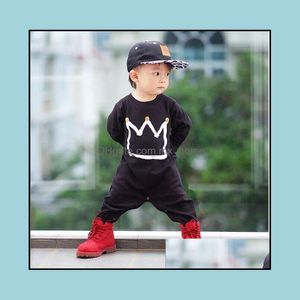 Rompers Spring Baby Crown Jednostożowne niemowlęcia chłopcy z długi rękawem Bawełniane Jumpsy dzieci czarne body romperowe dzieci wspinaczki mxhome dhhvs