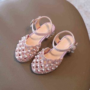 Children'S Shoes Girls' Summer Non-Slip Sandal Fashion 2021 Pearl Elegant Princess Shoe Kids Sports Beach Wedges Cut-Outs Sandal G220523