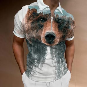 Erkek Polos Ayı Gömlek Erkekler 2022 3d Hayvan Baskı Gömlek Rusya Fermuar Poloshirt Hip Hop Rahat Kısa Kollu Erkek Giyim StreetwearMen's Men