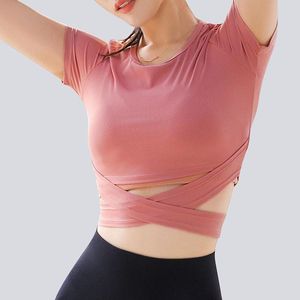 Camiseta feminina Hollow Out Sport Sport Color Solid Women Women Top Top High Elastic Gym Yoga Running Breathable Sexy Short Shirtswom