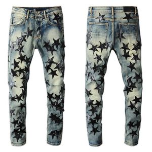 Mens Jeans för killar RIP Slim Fit Skinny Pants Black Star Patches bär cyklisten denim Stretch Cult Stretch Motorcykel Male Trendy Long Straight Zipper With Hole Blue