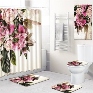 Flower Print Bath Mat 5 Piece Shower Curtain Shower Mat Set Non Slip Carpet Bathroom Rugs Toillete Seat Cover Kicthen Doormat 200925