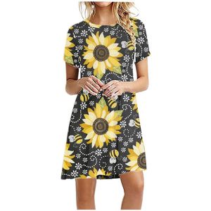 Casual Dresses Sunflower Print For Women Short Sleeve O-neck Summer Beach Dress Boho Sundress Sommerkleider Damen Woman SukienkaCasual