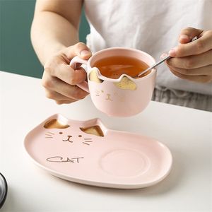 Cela de café de cerâmica Desenhos de cartoon Cat Pattern Padrest Plate Creative Creative Cute e Pires Conjunto Distribuído Spoon LJ200821