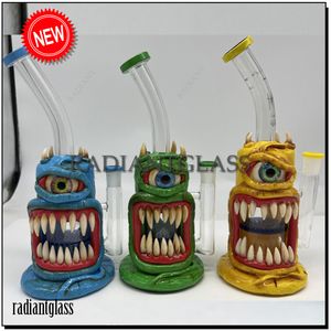 Hookahs 10" heady glass bong Big Jaw eye 3D Bong evil style water pipes honeycomb perc small mini dab oil rigs with bowl