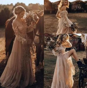 Vintage country western bröllopsklänningar spets långärmad zigenare slående boho brudklänningar hippie stil abiti da spos bc4857 b0715g02