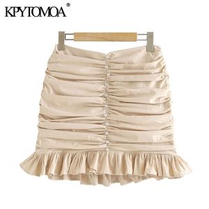Kpytomoa Женщины шикарные модные аппликации рюша с плиссированной мини -юбкой винтажная высокая талия на молнии Женские юбки Mujer 210306