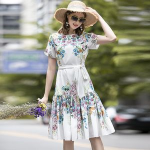 Kvinnors banan klänning o nacke korta ärmar blommor tryckt snörning bälte mode high street casual sommarklänningar