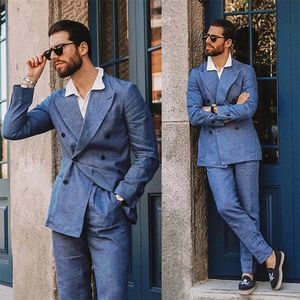 Abito da uomo 2 pezzi in lino blu con risvolto a punta per matrimonio Giacca doppiopetto su misura con pantaloni Cappotto slim fit