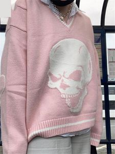 Kafatası Örme Süveter toptan satış-Kadın Sweaters Vintage Gotik Kafatası Baskı Sonbahar Kış Kadın Y2K Moda Gevşek Kazak Harajuku Örme Kazak Bayanlar Çeken Femmewomen
