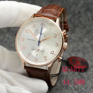 Novo relógio Rose Golden Case Cronograph Sports Battery Power Limited Watch Dial prateado Quartz Profissional Wristwatch Clop dobring Men Watches Selta de couro