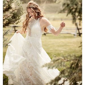 Mermaid Bohemian Boho Wedding Dresses crochet cotton Lace Halter Neck Off the Shoulder Bridal Gown vestido de novia