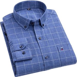 S-7xl plus size puro algodão escovado xadrez / listrado masculino macio botão top colarinho longa camisa casual 220322