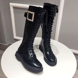 Luxury Designer Platform Womens Flat Boots Shoes Drill Crystal Buckle Leathers Rangers Patent Leather Knee High Boots Party Wedding 35-40