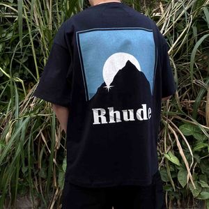 Marka Ins Rhu T Shirt Rhude 21ss Snow Mountain Sunset Tema Baskı Yuvarlak Siyah Yıkama Su Yaşlı Çift T-Shirt Kısa S Yap
