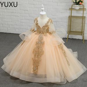 Elegant Gold Princess Girls Pageant Dresses Off Shoulder Applique Floor Length Ball Gown Pageant Dresses for Teens Toddler Girls Flower Dress