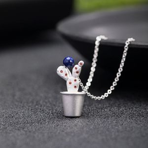 Cadeias autênticas 925 Sterling Silver Lapis Lazuli Cactus Colar de pingente de pingente de estilo chinês para mulheres por atacado xl024chains