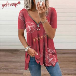 Letter Graphic Print Women's Clothing Summer V-Neck Zipper Casual T-shirt Ladies Tunic Tops Fashion Oversize Tee Shirts 220328