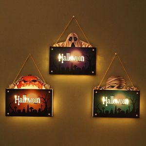 Halloween-Türschild mit Lichtern Holz Happy-halle-halle-Veranda-Sign Horror Kürbis Hängende Dekor für Innenhause im Freien zu Hause