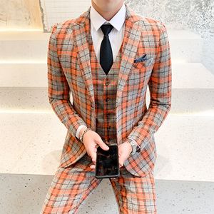 Modebutik pläd mens kostym 3 stycken smal passform bröllop fest tuxedos damier check groomsmens slitage