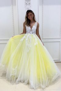 A Line Gorgeous V Neck White Lace Appliques Light Yellow Prom Dresses Backless Floor Length Formal Dress Party Gowns