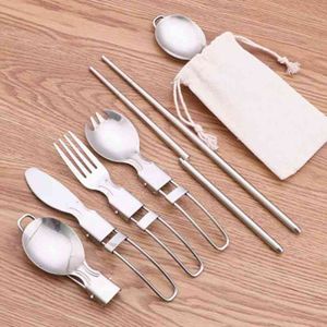 Foldable Camping Spoon Fork Chopsticks Flatware Outdoor Picnic Cutlery Set Stainless Steel Utensil Spoon Set Campig Equipamiento Y220530