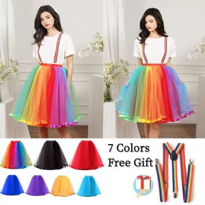 Rainbow Tutu Skirt Women Elastic Band Gift 5 Layers Soft Tulle Ribbon Hem Girls Petticoat Midi Underskirt for Costumes Cosplay CPA3266 sxmy20