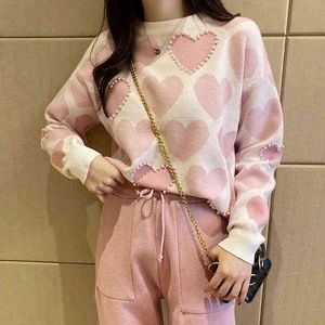 Spring Knitted Love Pinted Piece stawia stroje kobiety Pearl Beading Freading Long Rleeve Tops Harem Pant Suits Korean Tracksuit T220729