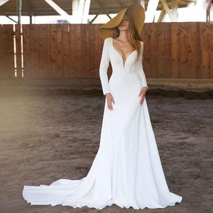 Andere Brautkleider Kleid Langarm Tiefer V-Ausschnitt 2022 Mode nach Maß Sweep Zug A-Linie Jersey rückenfreie BrautkleiderAndere