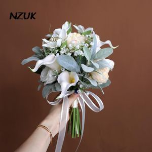 Wedding Flowers NZUK Romantic White Bridesmaid Bouquet Artificial Real Touch PU Cala Lily Fake Flower Bride Fleur