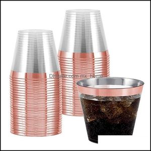 Rose Gold Plastic Cups ~ 9 Oz Clear Old Fashioned Bumblers Rimmed Fancy Jednorazowe Ślub Birthday Cup Dostawa Dostawa 2021 Sts Kitchen Sup