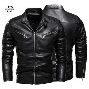 Jaqueta de couro preto de inverno masculino com casaco de motocicleta quente forro de pêlo Slim Street Moda Black Biker Pleated Design Zipper 201114