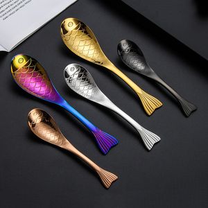 Stainless Steel Fish Shape Spoons Creative Cartoon Stirring Spoon Mixing-spoon Soup Spoon Dessert-spoon Tea-spoon Ice Cream Scoop Flatware Dining Utensils ZL1290