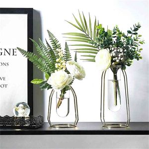 Nordiska enkla blomkrukor Stand Iron Frame Decorative Terrarium Decor Glass Vase Home Decoration Tillbehör för vardagsrum 210409