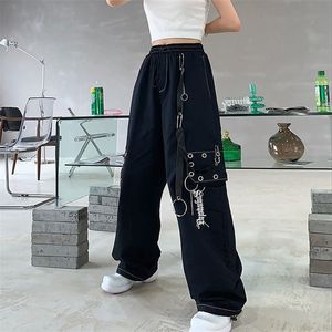 Gothic Harajuku Black Cargo Pant Chain Wide Leg Goth Hippie Streetwear White Trousers Loose Female Baggy Korean Fashion 220325