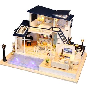 Neue Puppenhaus Holzmöbel Diy Haus Miniatur Montieren 3D Miniaturas Puppenhaus Puzzle Kits Spielzeug Für Kinder Geburtstagsgeschenk T200116