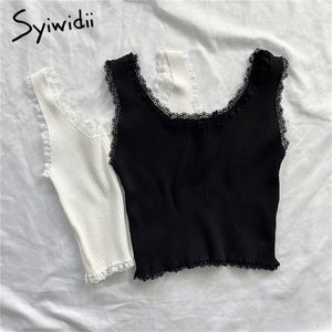 Syiwidii Lace Black Tank Tops for Women Clothes Crop Top T Shirt Cute Sexy White Bustier Short Solid Spandex Stretch Knitted 220318