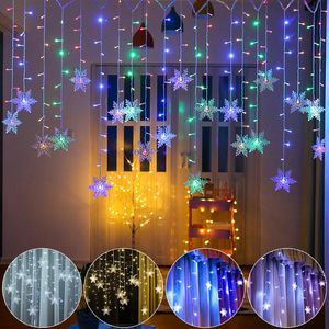 Strings 110V/220V Snowflake LED String Lights Light Indoor Christmas Party Curtain Memory 8 Modes Flashing D30LED