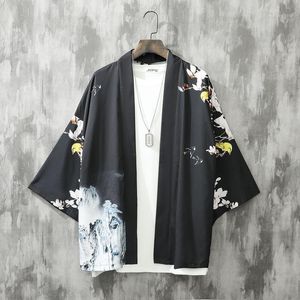 民族服smurai cardigan蝶の着物屋男日本語スタイルのファッションメンズシャツ3分の1スリーブランドスケープ印刷haori 2022