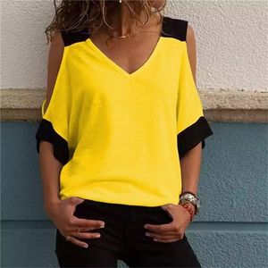 Kalte Schulter Sommer Bluse Sexy V-ausschnitt Top Casual Patchwork Off Schulter Hemd Damen Tops und Blusen Plus Größe Damen bluse 210308