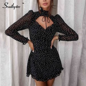 Southpire Women Surse Up v Neck Black Mini Dress с длинным рукавом в горошек Винтажное платье Элегантная ежедневная одежда с подкладкой 210322